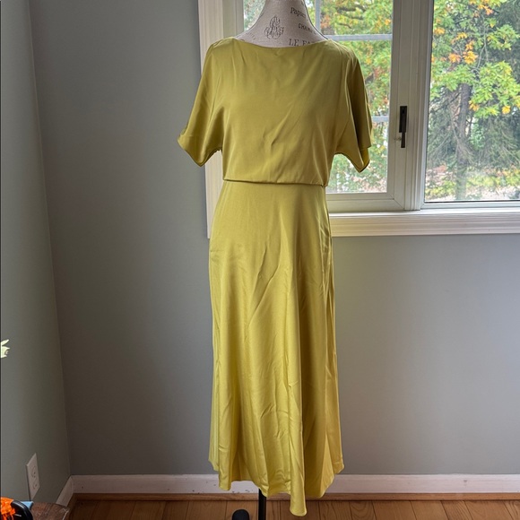 Lafayette 148 butterfly stretch ecru green silk midi long dress NWOT size 6 - Picture 5 of 14